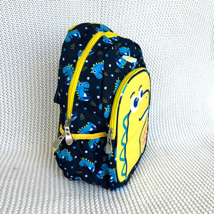 Side view of dinosaur-themed school bag for young kids