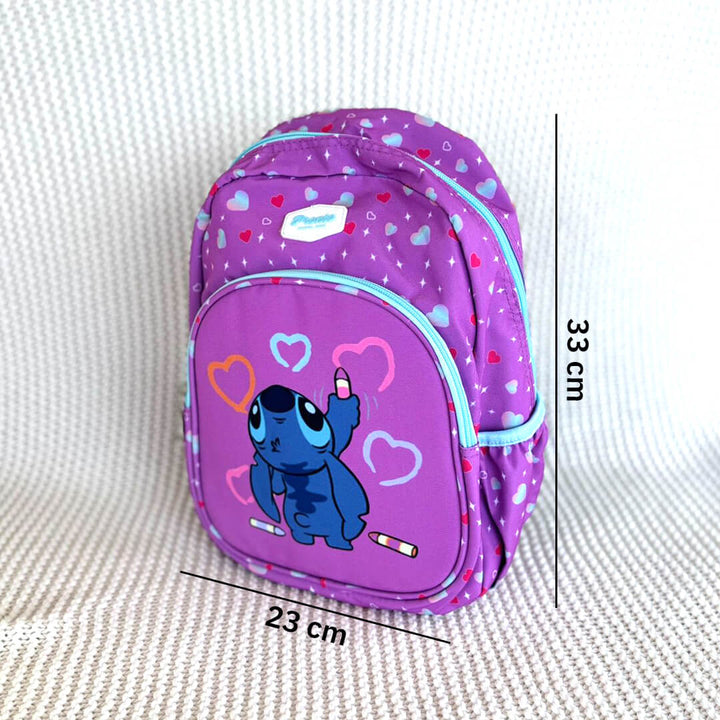 Girls school bag with Stitch rainbow and heart design, dimensions for kg1-kg3