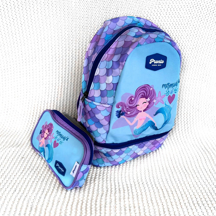 Pronto Mermaid Backpack with Lunch Section & pencil case for KG1-KG3