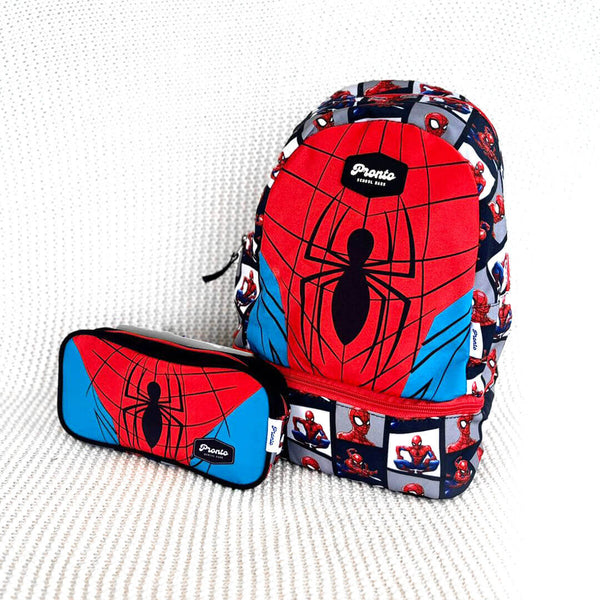 Pronto Spiderman backpack front view with lunch section for KG students