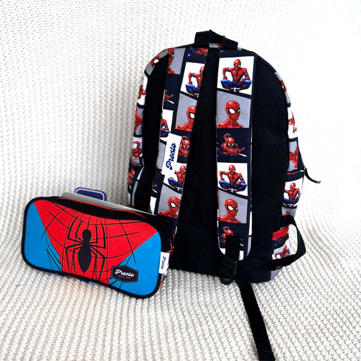 Durable polyester boys school bag with Spiderman theme, back view