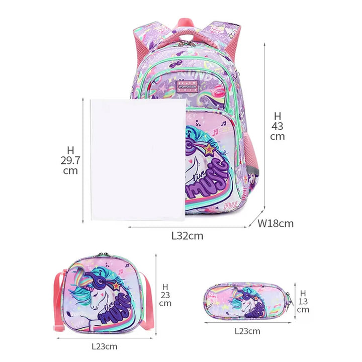 Purple Unicorn backpack set with lunch bag and pencil case, dimensions