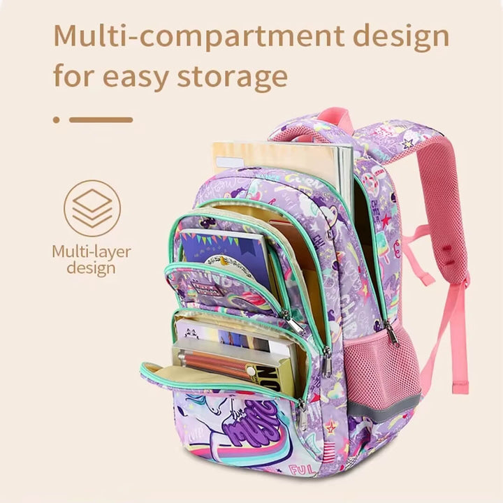 girls school Unicorn backpack set, multi-compartments for easy storage