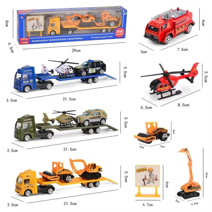 Compact Vehicle Trailer Truck Set - Red Fire, Blue Police, Yellow Construction