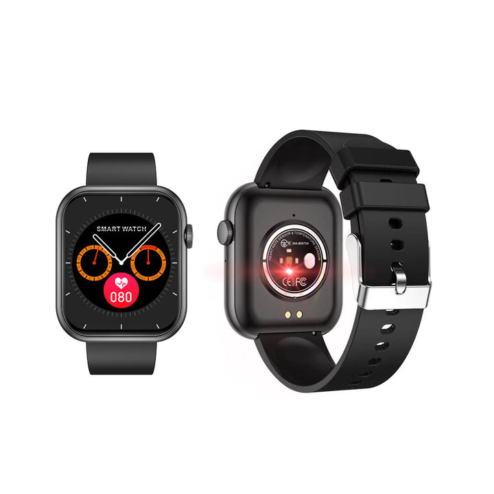 QX7 PRO Smart Watch in black color, front and back angle