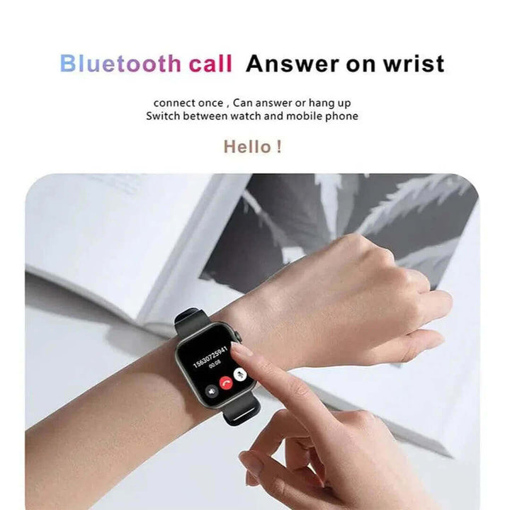 Smartwatch being worn on a wrist with text about Bluetooth call functionality.