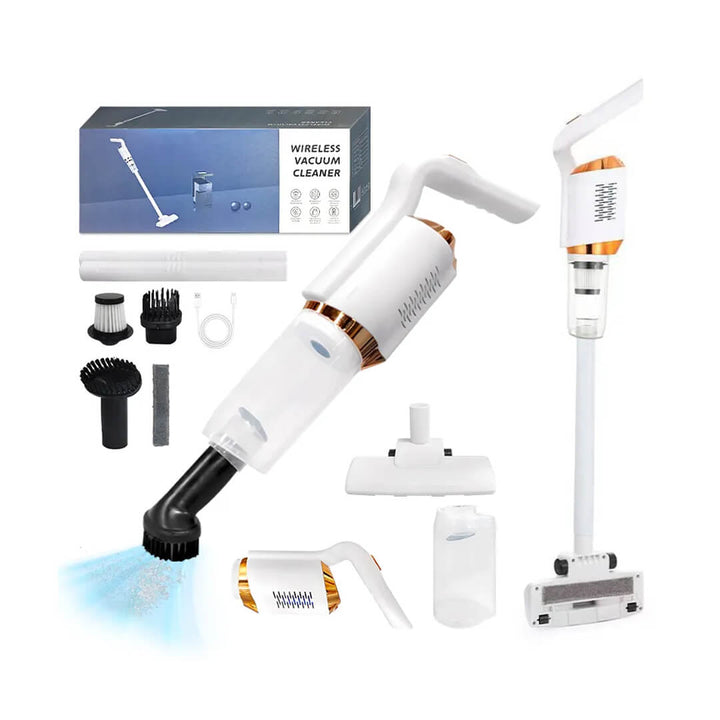Rechargeable vacuum cleaner with detachable parts displayed