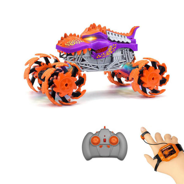 Toy vehicle in orange and purple, with a remote control and hand controller 
