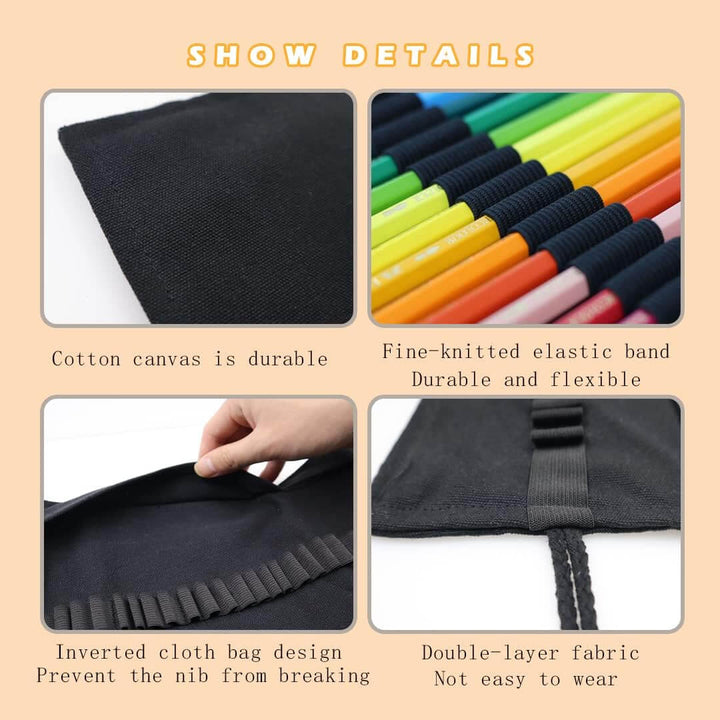 School Roll-up pencil case with 24 colored pencils, detailed shot
