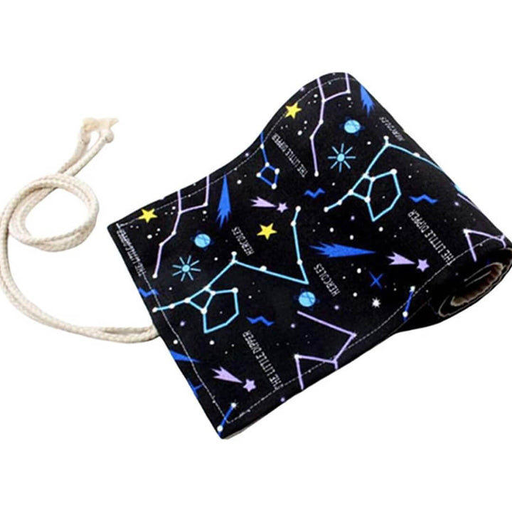 School Roll-up pencil case with 24 colored pencils, galaxy design close-up