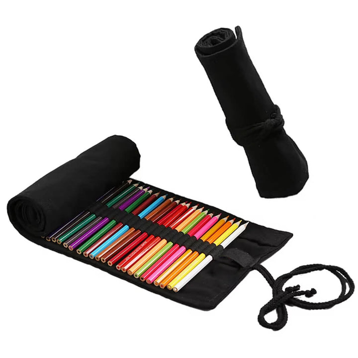 School Roll-up pencil case with 24 colored pencils, black