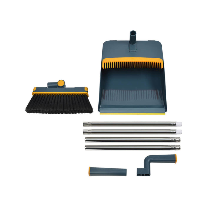Cleaning tool set with broom, dustpan, and extendable handle; assembly instructions