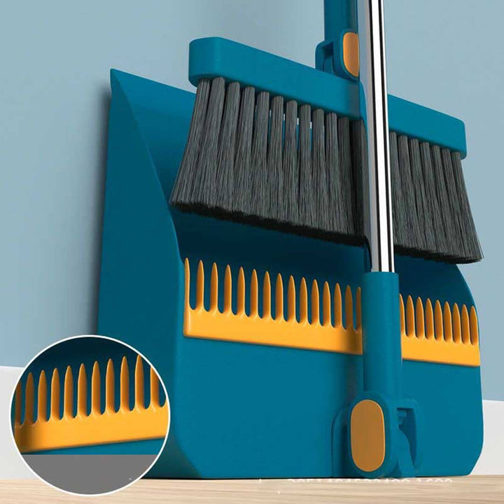 Blue and yellow broom and dustpan set with soft bristles 