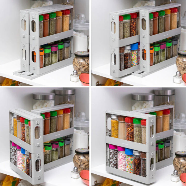 Rotating spice shelf storing herbs, cans, and sauces
