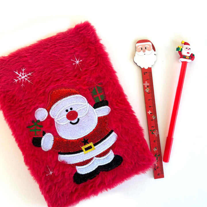 Festive Red fluffy notebook with Santa Claus design, ruler, and pen 