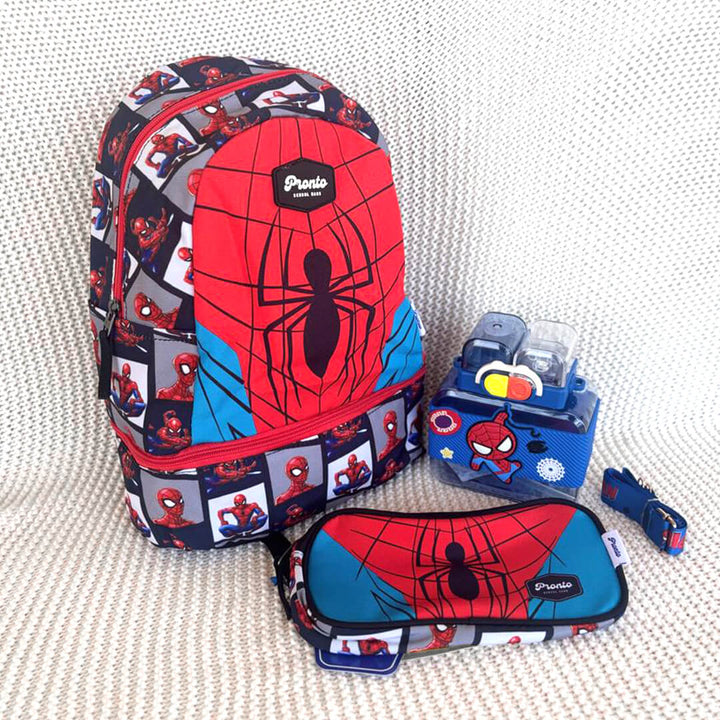 Spiderman-themed backpack with pencil case and a water bottle for preschool to KG2