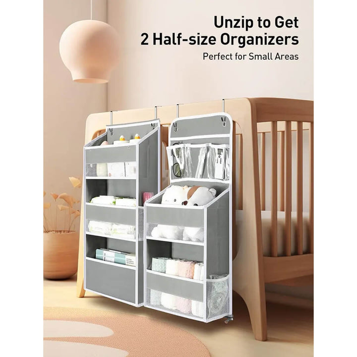 Collapsible storage organizer with clear mesh pockets for baby nursery