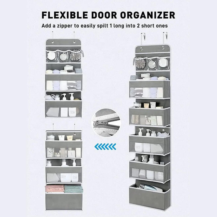 Flexible door organizer with a zipper to split to 2 short ones