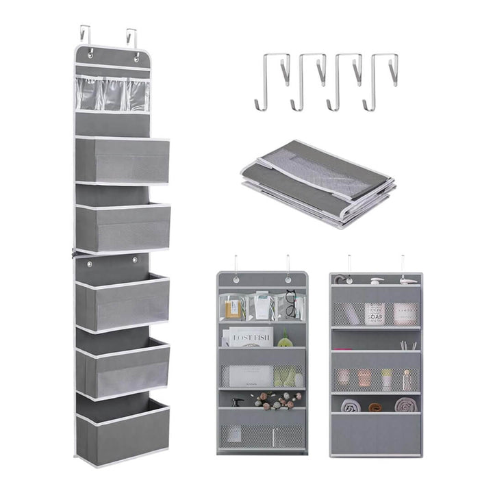 Over-the-door hanging organizer with six fabric shelves in grey color