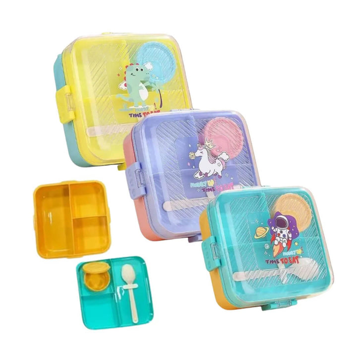 Square kids school themed lunch box with 6 compartments & spoon