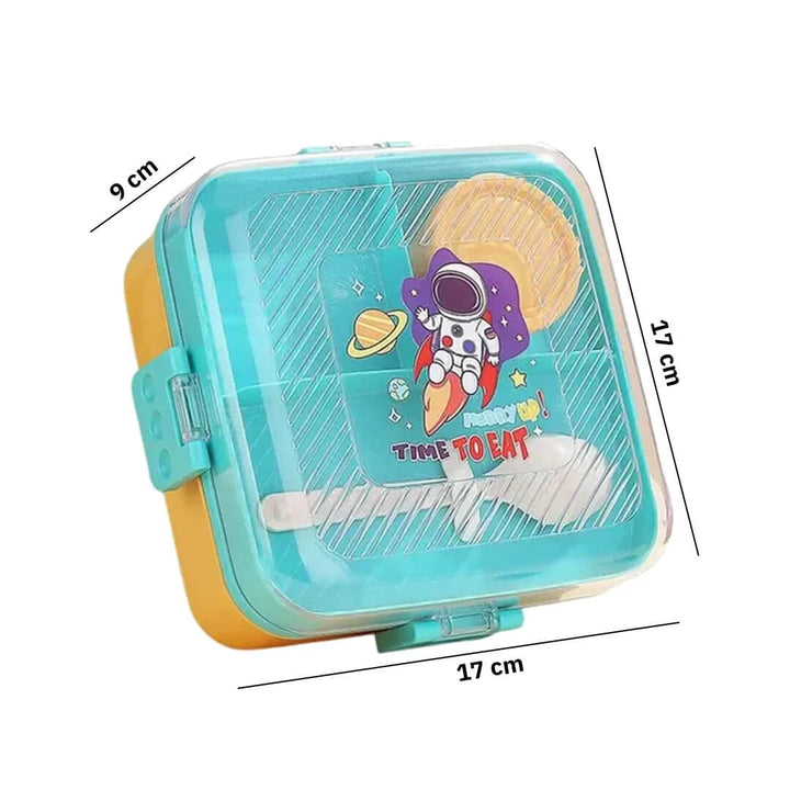 Kids lunch box with dinosaur print and reusable spoon, dimensions