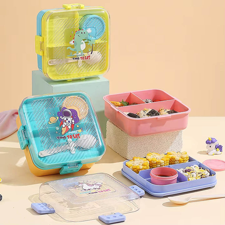 Square kids lunch box with dual layers, dino, antro & unicorn design