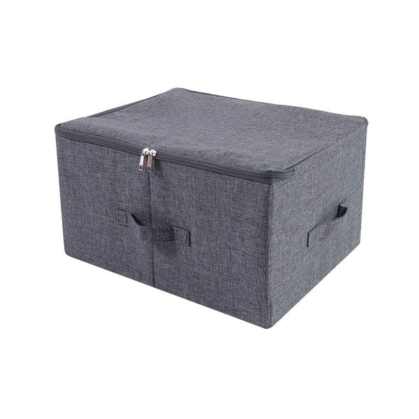 Grey fabric storage box with lid and handles for closet organization