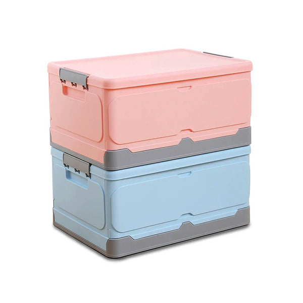Foldable pink and blue plastic storage box with lid