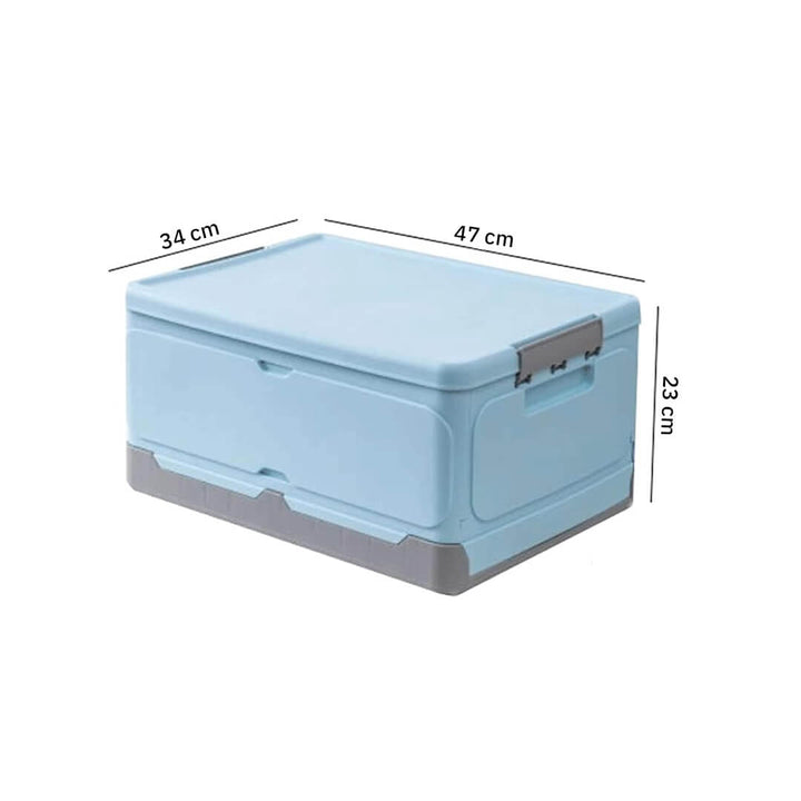 Foldable blue plastic storage box with lid, dimensions