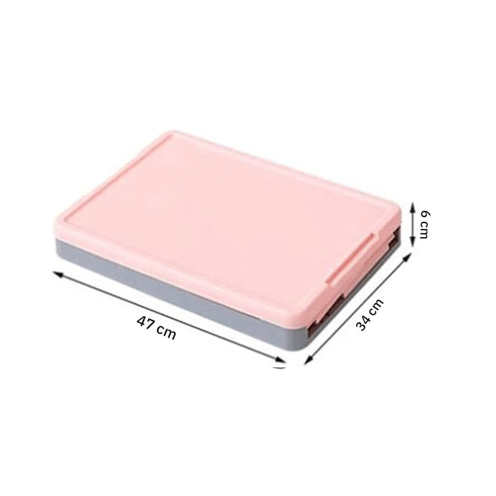 Stackable storage container in soft pink color, dimensions