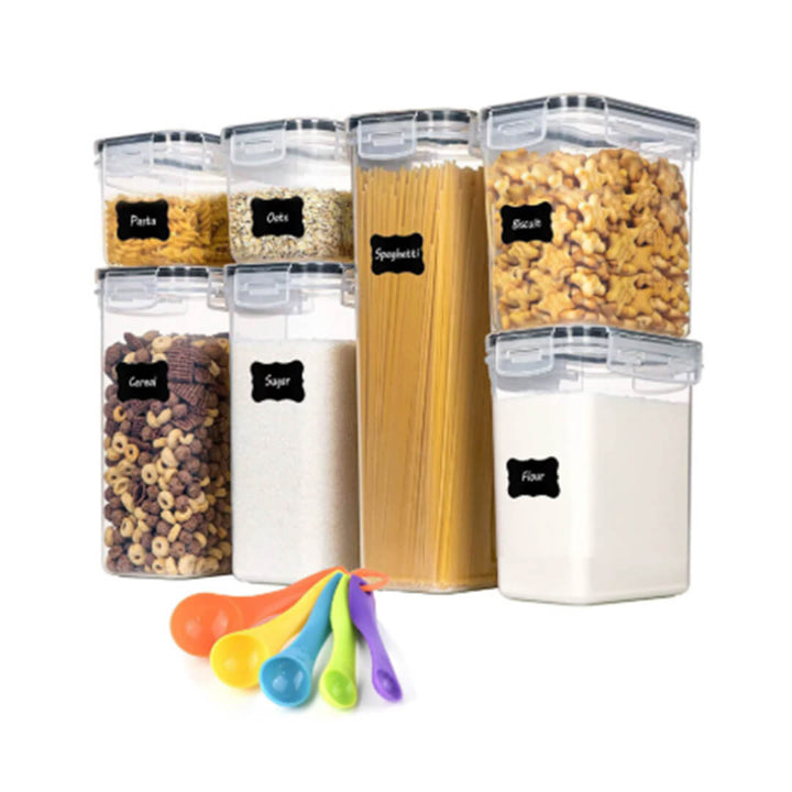 7-piece BPA-free stackable food containers with labels and spoons