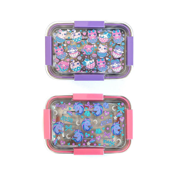 Stainless Steel 3-Compartment Lunch Box - Unicorn & Candies - BPA-Free
