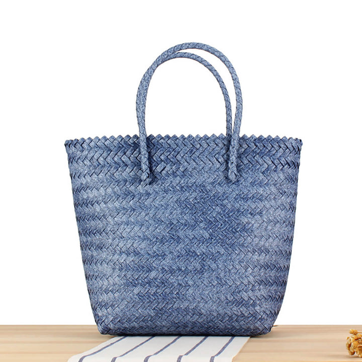 Striped Bamboo Straw Casual Beach Bag Blue