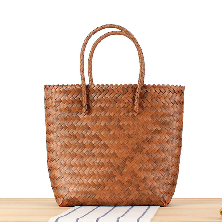 Striped Bamboo Straw Casual Beach Bag Brown