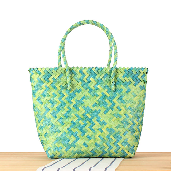 Striped Bamboo Straw Casual Beach Bag Green