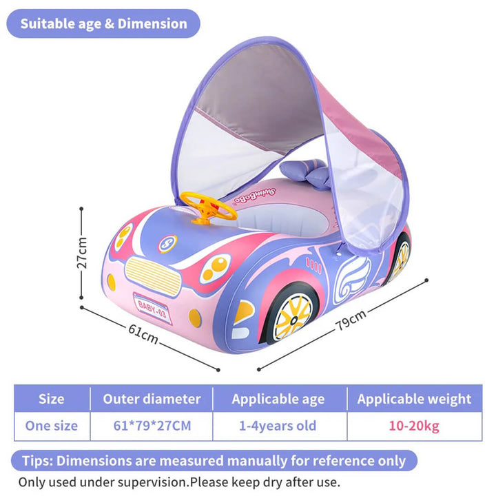 SwimBoBo Girls Inflatable Car float with Canopy – Pink (1–4 Years)