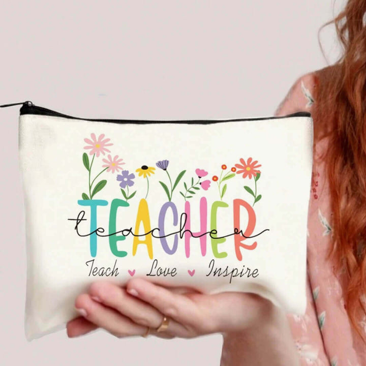 Teacher gift pouch for stationery and personal items,  teach, love, inspire.