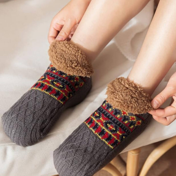 Soft and thick grey slipper socks with non-slip soles