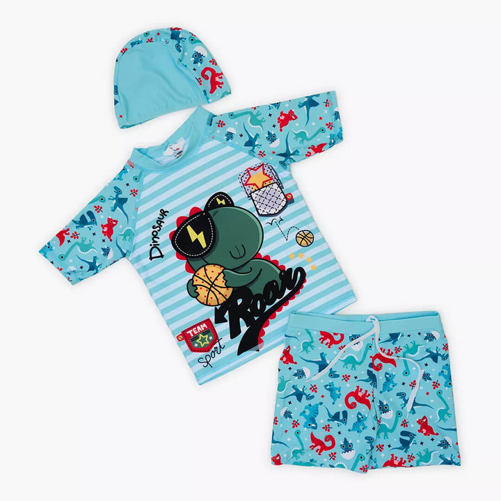 Dinosaur Basketball Swim Shorts, Shirt & Cap set (1.5–3.5 Years)