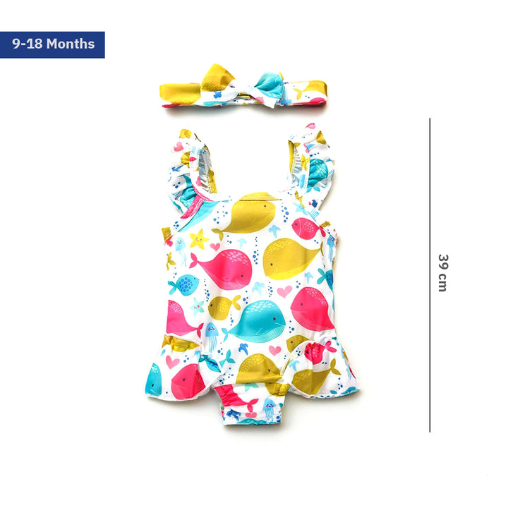 Toddler Girls Cute Fishes Swimsuit with Headband (9-18 months)