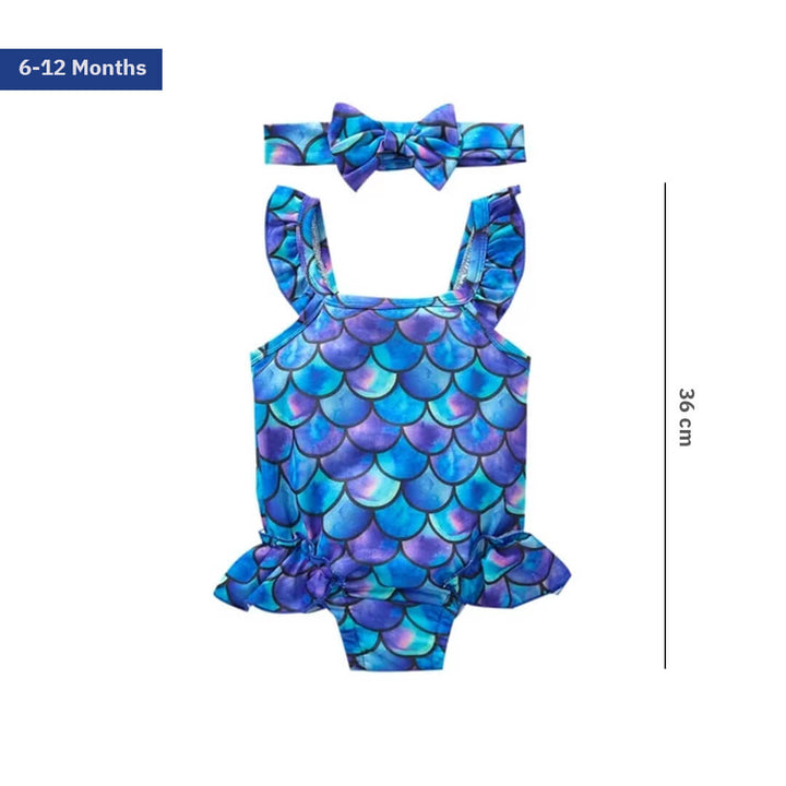 Toddler Girls Mermaid One-Piece Ruffled Swimwear with Bow (110) 6-12 MONTH