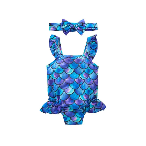 Toddler Girls Mermaid One-Piece Ruffled Swimwear with Bow