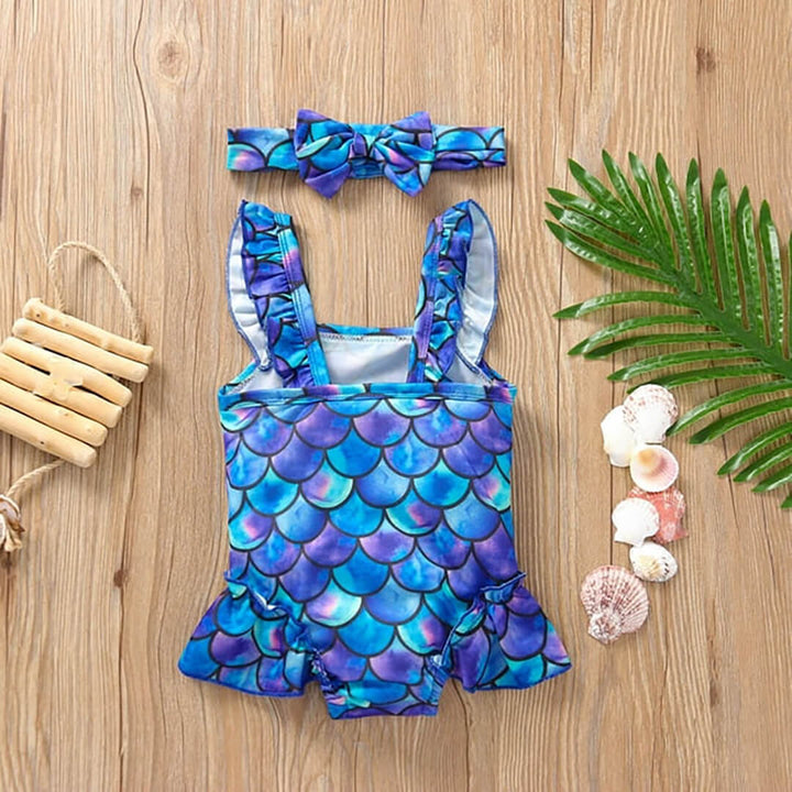 Toddler Girls Mermaid One-Piece Ruffled Swimwear with Bow