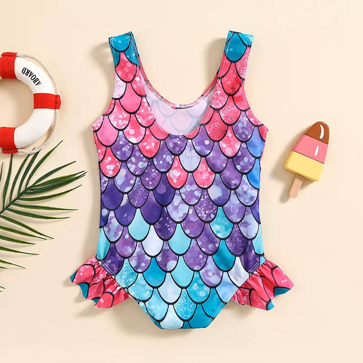 Toddler Girls Tricolor Mermaid U-Neck Sleeveless Swimsuit (6-12 Months)