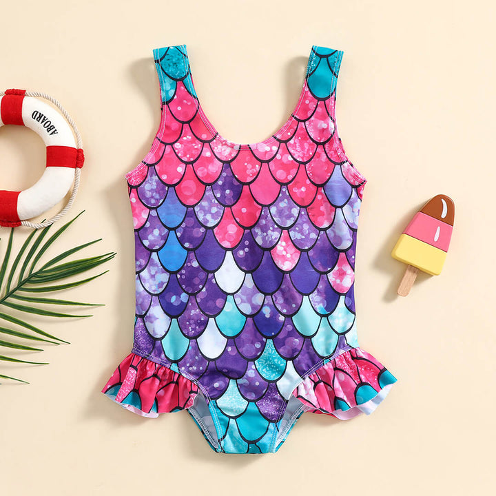 Toddler Girls Tricolor Mermaid U-Neck Sleeveless Swimsuit (6-12 Months)