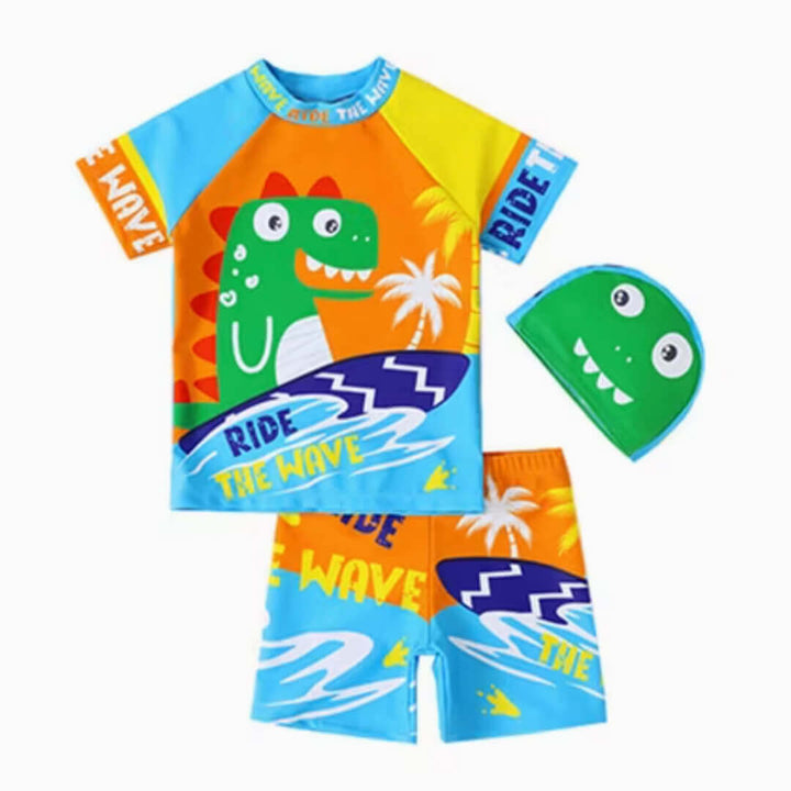 Toddler Dino Cartoon Swim Shorts Set with Cap (1-3 Years)