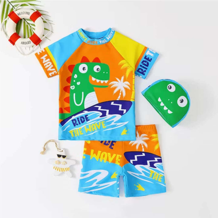 Toddler Dino Cartoon Swim Shorts Set with Cap (1-3 Years)