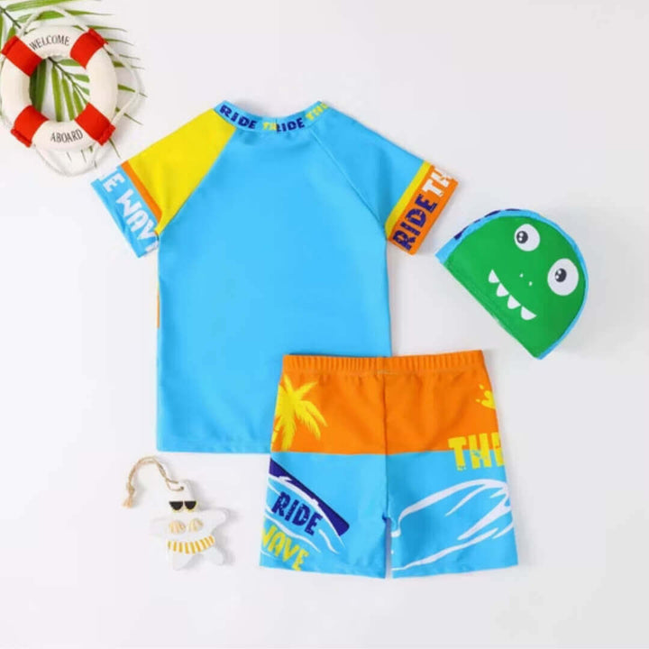 Toddler Dino Cartoon Swim Shorts Set with Cap (1-3 Years)
