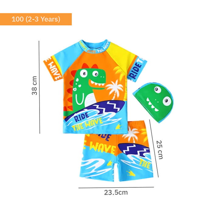 Toddler Dino Cartoon Swim Shorts Set with Cap (1-3 Years) 2 - 3 Years