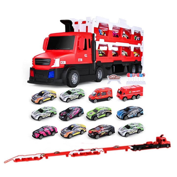 Transforming race truck with 12 vehicles and foldable track